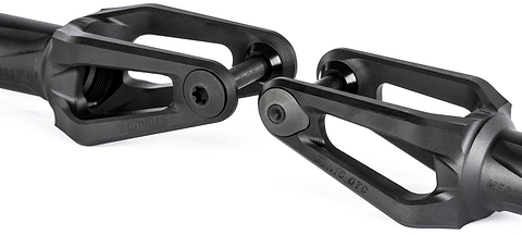 Close-up of two Ethic DTC Merrow V3 8/12STD SCS Stunt Scooter Forks in black, featuring open triangular designs and central bolts, positioned facing each other against a white background.
