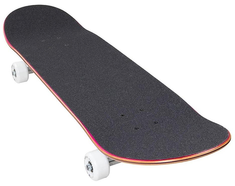 The Arbor Street Chroma Multi Complete Skateboard (8.5" x 32.25") features a black grip tape surface, white wheels, and visible wooden layers on a durable Canadian maple deck—shown on a white background.