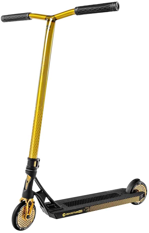The Root Industries Invictus V3 Complete Stunt Scooter - Burnt Gold features T-shaped handlebars, a perforated Honeycore gold front wheel, “INVICTUS V2” branding on its black deck, and a sleek, modern design.