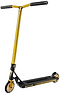The Root Industries Invictus V3 Complete Stunt Scooter - Burnt Gold features T-shaped handlebars, a perforated Honeycore gold front wheel, “INVICTUS V2” branding on its black deck, and a sleek, modern design.