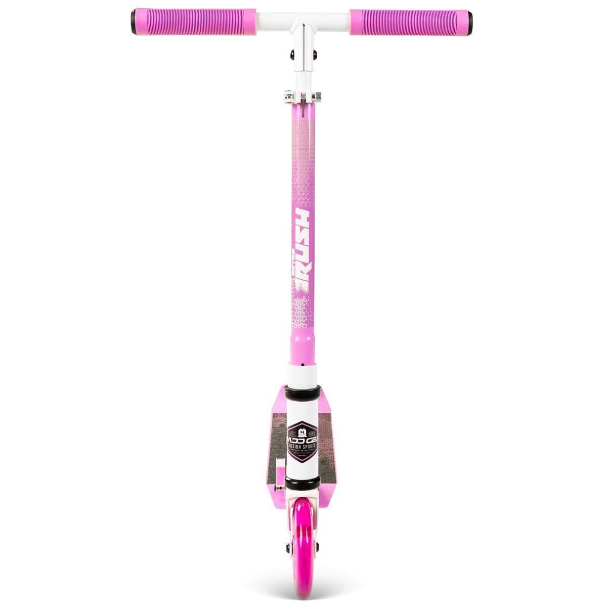 The Madd Gear Metro Rush 125 Kids Foldable Scooter by MGP features a white and purple design with purple handlebars, an adjustable handlebar, a front purple wheel, and a black foot deck with a white logo.