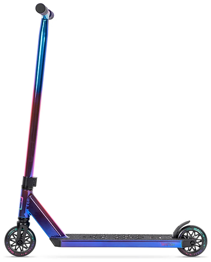 The Sullivan Antic V2 Complete Stunt Scooter - Aurora by Sullivan features a blue-to-purple gradient finish, black handlebars and deck with grip tape, and black spoked wheels. Perfect for kids to perform tricks at the skatepark. Shown in side profile on white.