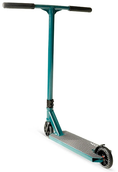 The Madd Gear Viral KAOS Complete Stunt Scooter in Denim, featuring a flat deck, two small wheels, and a T-shaped handlebar, is shown standing upright against a white background.