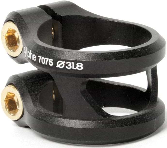 The Ethic DTC Sylphe V1 2 Bolt Standard Size 31.8 Stunt Scooter Clamp in black features two gold bolts and is crafted from durable metal, making it ideal for securely fastening parts on a stunt scooter.
