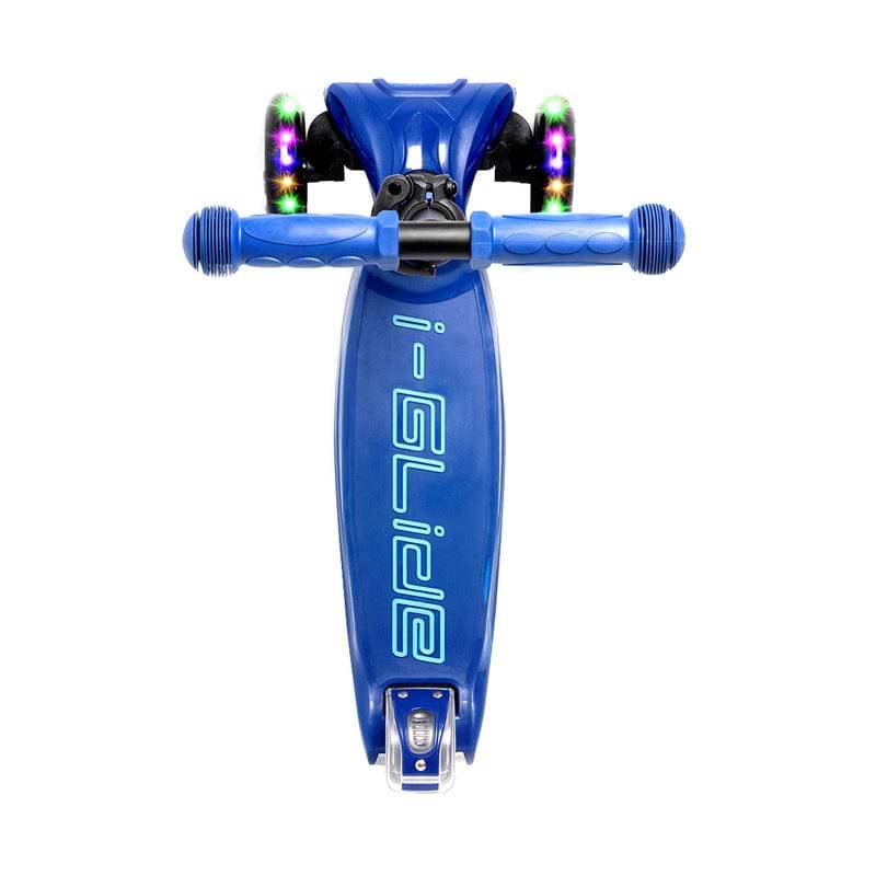 The I-Glide 3-Wheel LED Kids Scooter - Blue/Blue boasts a vibrant blue frame with illuminated wheels and handlebars. Its height-adjustable handlebar guarantees a comfortable experience, and the deck prominently displays the "i-Glide" logo in light blue, all beautifully presented in a sleek top-down perspective.