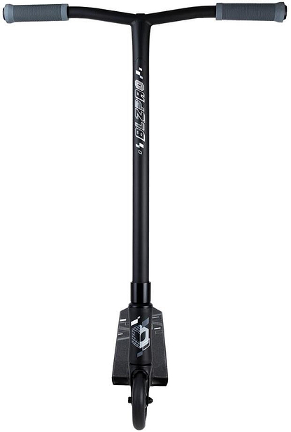 The Blazer Pro Outrun 3 Complete Stunt Scooter by Blazer Pro in Black/Black is shown from the front, highlighting its blue-gray handle grips and visible logos on the deck and stem.