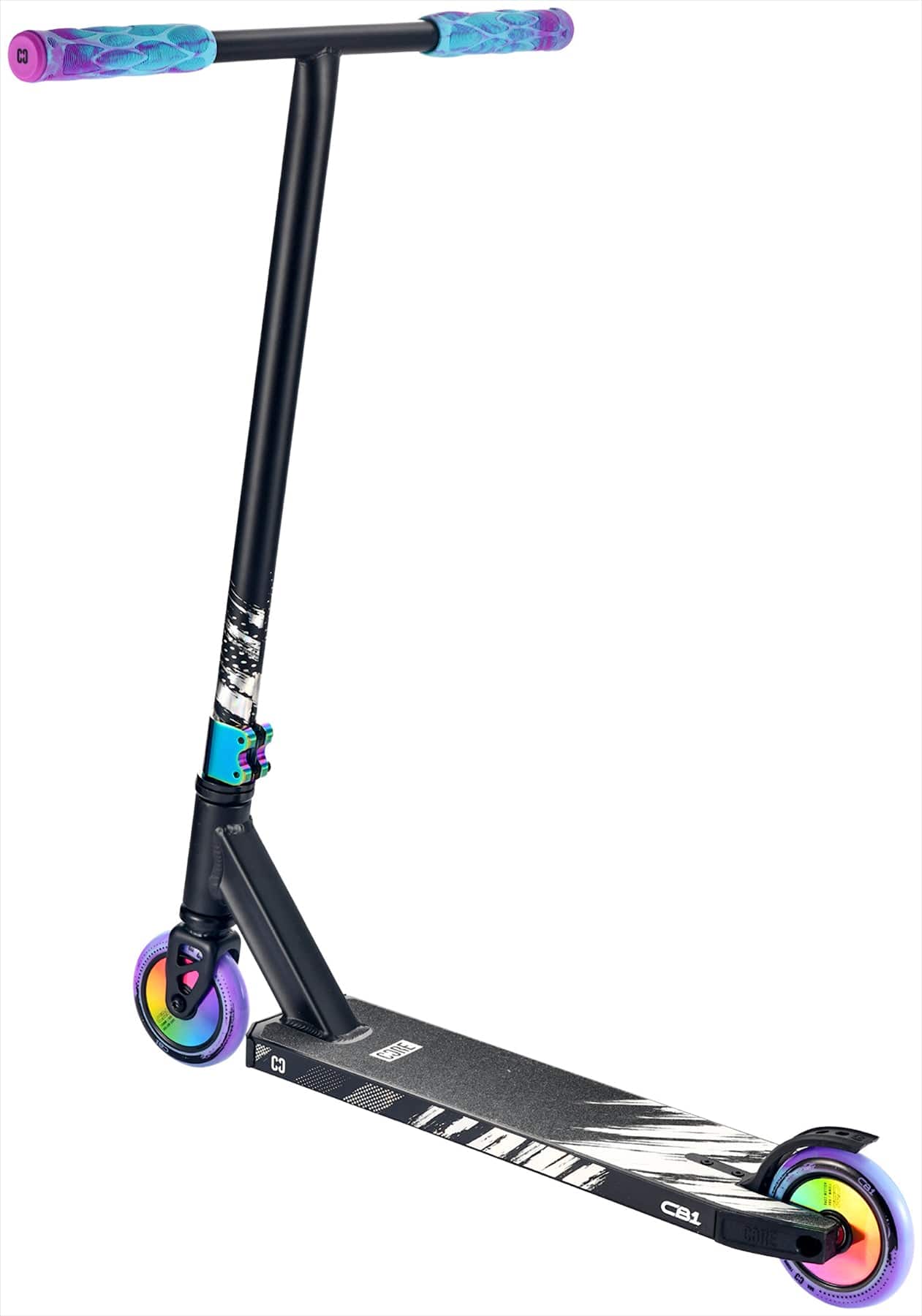 The CORE CB1 Beginner Complete Stunt Scooter - Black / Neochrome features rainbow wheels, a black and white deck, and blue-purple handlebar grips. This sleek scooter by CORE is ideal for beginners seeking a stylish, modern ride.