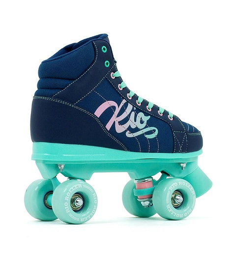 The Rio Roller Lumina Quad Roller Skates in navy and green feature a single skate with pink and teal laces and accents. Designed by Rio Roller, it boasts a high-top PVC leather boot configuration with nylon trucks for enhanced durability, complemented by teal wheels and a matching sole for a stylish finish.