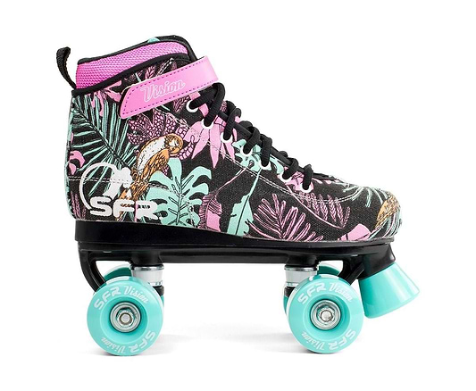 The SFR Vision Canvas Quad Roller Skates in Black / Floral feature a tropical leaf and parrot pattern, pink laces and strap for ankle support, light blue polyurethane wheels, and are viewed from the side.
