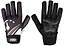 The Revvi Long Finger Tech Kids Bike Protection Gloves by Revvi feature a zigzag grip and padded palm on one glove, with the other showing a white and grey graphic back design and a Velcro strap. Color: Black.