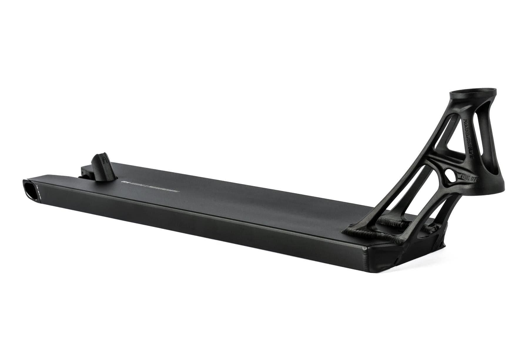 The Ethic DTC Pandemonium V2 Boxed Black Stunt Scooter Deck (5.5" x 19.7") features a lightweight cutout headtube and flat rectangular base—ideal for riders wanting Ethic's lightest, street-focused performance deck against a white background.
