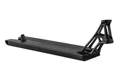 The Ethic DTC Pandemonium V2 Boxed Black Stunt Scooter Deck (5.5" x 19.7") features a lightweight cutout headtube and flat rectangular base—ideal for riders wanting Ethic's lightest, street-focused performance deck against a white background.