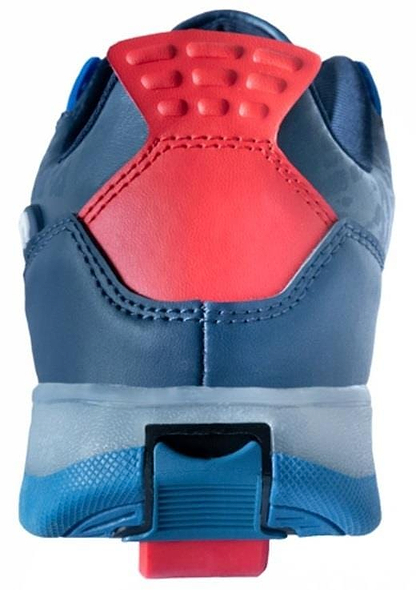 A close-up of the Breezy Rollers Light Beam Shoes by Breezy Rollers shows blue and navy uppers, a red heel support, and textured rubber details above the heel.