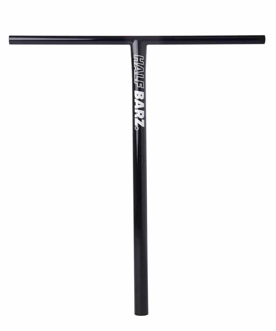 The CORE Halfbarz V2 Titanium Oversized HIC Stunt Scooter T-Bar, tailored for park riders in a sleek black and chrome split design, prominently displays "HALF-BARZ" in white on its vertical post.