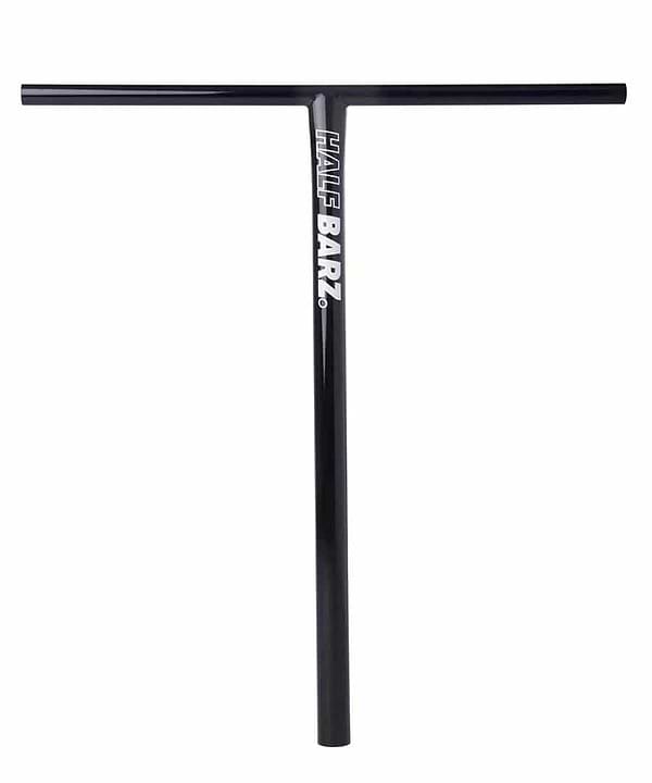 The CORE Halfbarz V2 Titanium Oversized HIC Stunt Scooter T-Bar, tailored for park riders in a sleek black and chrome split design, prominently displays "HALF-BARZ" in white on its vertical post.
