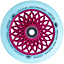 A detailed view of the glowing freestyle scooter wheel displays a pink, lotus-inspired hub with intricate cut-outs, encircled by a light blue outer wheel. The text reads "Root Industries" and "Lotus 110MM X 24MM," emphasizing the unique Lotus core design.