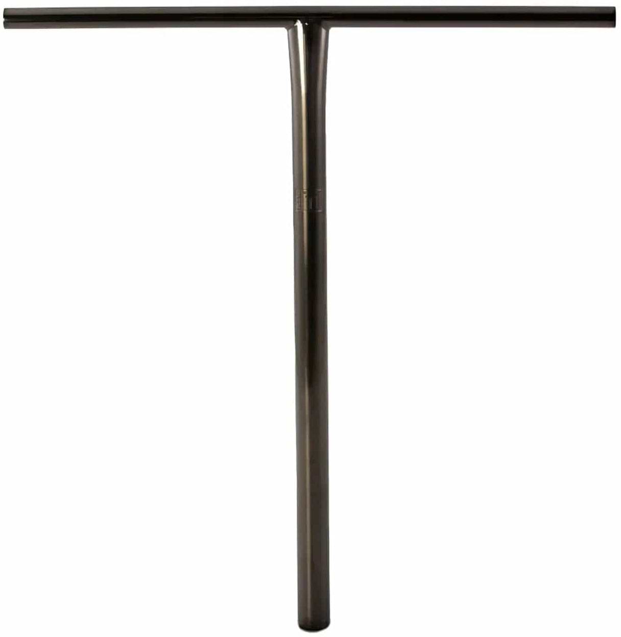 A stylish black metal T-shaped scooter handlebar, designed with a central vertical stem and a horizontal grip section at the top, reminiscent of the Lucky Obsidian Titanium Oversized SCS Stunt Scooter T-Bar - Black 660mm x 660mm by Lucky, set against a white background.