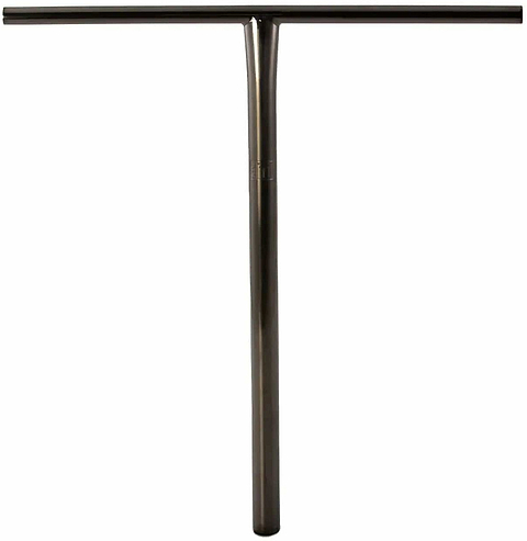 A stylish black metal T-shaped scooter handlebar, designed with a central vertical stem and a horizontal grip section at the top, reminiscent of the Lucky Obsidian Titanium Oversized SCS Stunt Scooter T-Bar - Black 660mm x 660mm by Lucky, set against a white background.