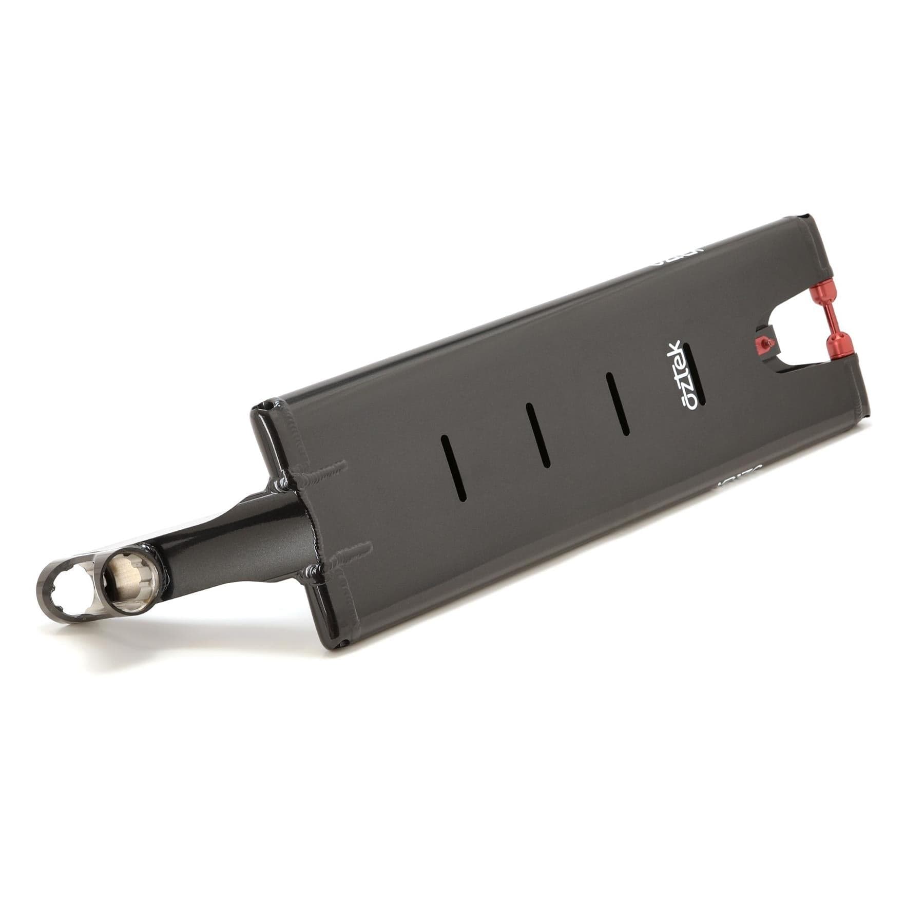 The Aztek Europa 2 Black Magic Stunt Scooter Deck (7" x 23") features a black and red design, metal neck and dropouts, ultra-smooth contours, three rectangular cutouts, and the Aztek logo—perfect for street riding.