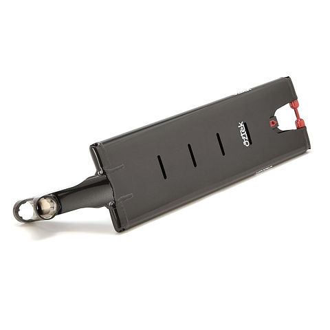 The Aztek Europa 2 Black Magic Stunt Scooter Deck (7" x 23") features a black and red design, metal neck and dropouts, ultra-smooth contours, three rectangular cutouts, and the Aztek logo—perfect for street riding.