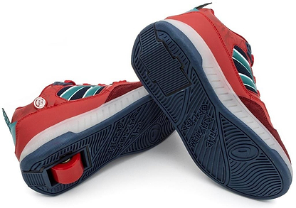 The Breezy Rollers Light Beam Shoes - Red / Blue feature a dark blue sole and a retractable wheel in the heel, combining style and fun; perfect for rolling on the go from Breezy Rollers.