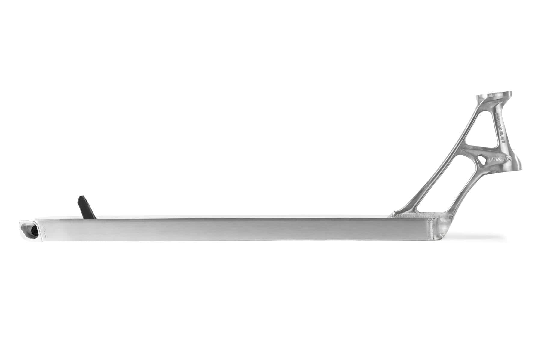 Side view of the Ethic DTC Pandemonium V2 Boxed Raw Stunt Scooter Deck (5.5" x 19.7") by Ethic, ultra-lightweight and street-ready, with an angular open-frame rear and flat surface, shown on a white background.