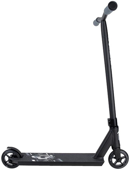 The Blazer Pro Outrun 3 Complete Stunt Scooter by Blazer Pro is a black kick scooter with two small wheels, straight handlebars with grey grips, and a textured deck—perfect for beginners. Displayed in side view on a white background.