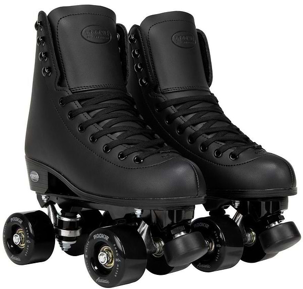 A pair of Rookie Artistic Quad Roller Skates - Black by Rookie, featuring high-top vegan leather boots, black laces and wheels, and smooth ABEC-7 bearings, shown side by side on a white background.
