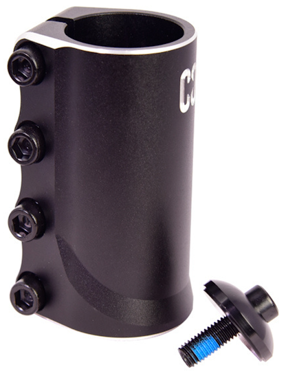 The CORE Aura 4 Bolt Oversized SCS Stunt Scooter Clamp in black features four side hex bolts, shown alongside a separate black bolt with blue thread locker and a matching washer.
