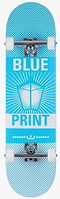 The Blueprint Pachinko Fade Blue / White Complete Skateboard (8" x 31.5") features a blue deck with "BLUE" and "PRINT" text above and below a lamp graphic, plus white wheels/trucks—ideal for learning technical tricks.