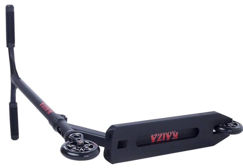 The Longway Kaiza Complete Pro Stunt Scooter in black is shown on its side, displaying the "KAZZA" graphic underneath. This superlight Longway scooter features black handlebars and wheels, ideal for skatepark tricks.