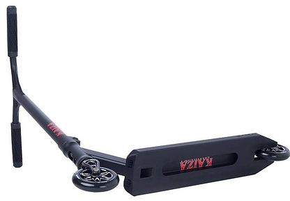 The Longway Kaiza Complete Pro Stunt Scooter in black is shown on its side, displaying the "KAZZA" graphic underneath. This superlight Longway scooter features black handlebars and wheels, ideal for skatepark tricks.