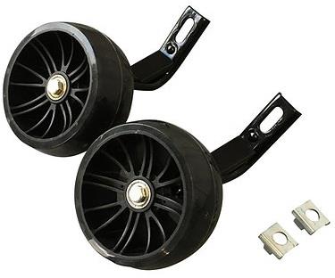 Two black plastic 12" balance wheels with metal brackets and small mounting plates from Revvi, shown on a white background—compatible with Revvi balance bike models.