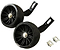 Two black plastic 12" balance wheels with metal brackets and small mounting plates from Revvi, shown on a white background—compatible with Revvi balance bike models.