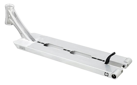 Introducing the CORE ST2 Forged Polished Street Stunt Scooter Deck, measuring 6" x 22". This deck boasts a sleek silver design with distinctive cutout details on its surface. It features a black rear brake and a forged headtube at the front, making it ideal for street riding, with minimal branding on the sides.