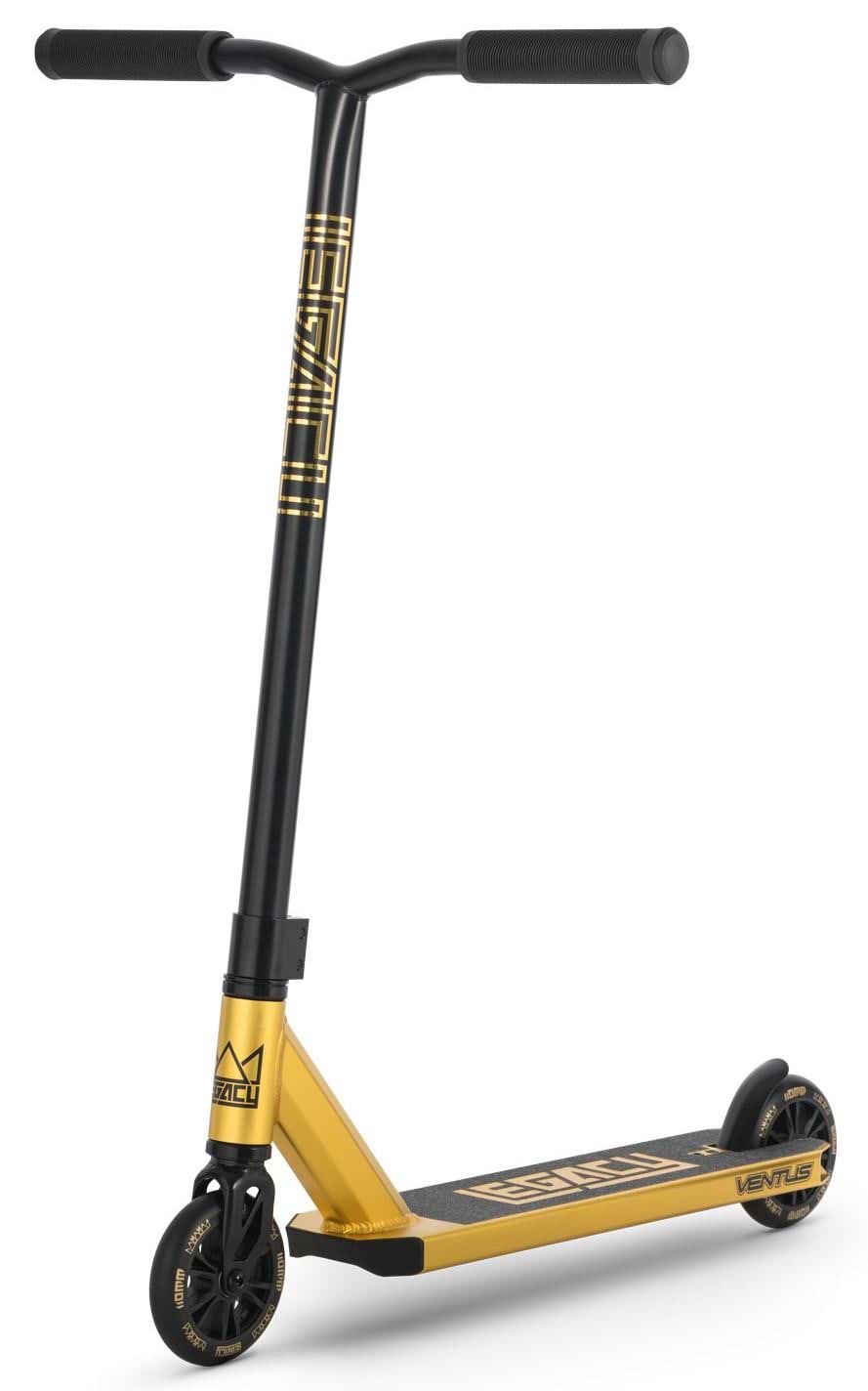 The Legacy Ventus Gold Stunt Scooter Starter Bundle features a black and gold design with a straight handlebar, black grips and wheels, plus a gold deck with "VENTUS" branding—perfect for those starting their stunt scooter journey.