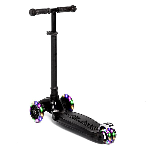 The I-Glide 3-Wheel LED Kids Scooter - Black showcases a stylish black design with eye-catching LED lights in its wheels. It includes an adjustable height handlebar and T-shaped grips, providing a spacious deck for stability and excitement, making it ideal for adventurous young riders.