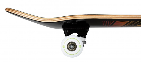 Side view of the Tony Hawk SS 180+ Stacked Logo Black Complete Skateboard (8" x 31.5") by Tony Hawk, ideal for beginners, featuring a curved wooden deck, black truck, and white wheel against a white background.