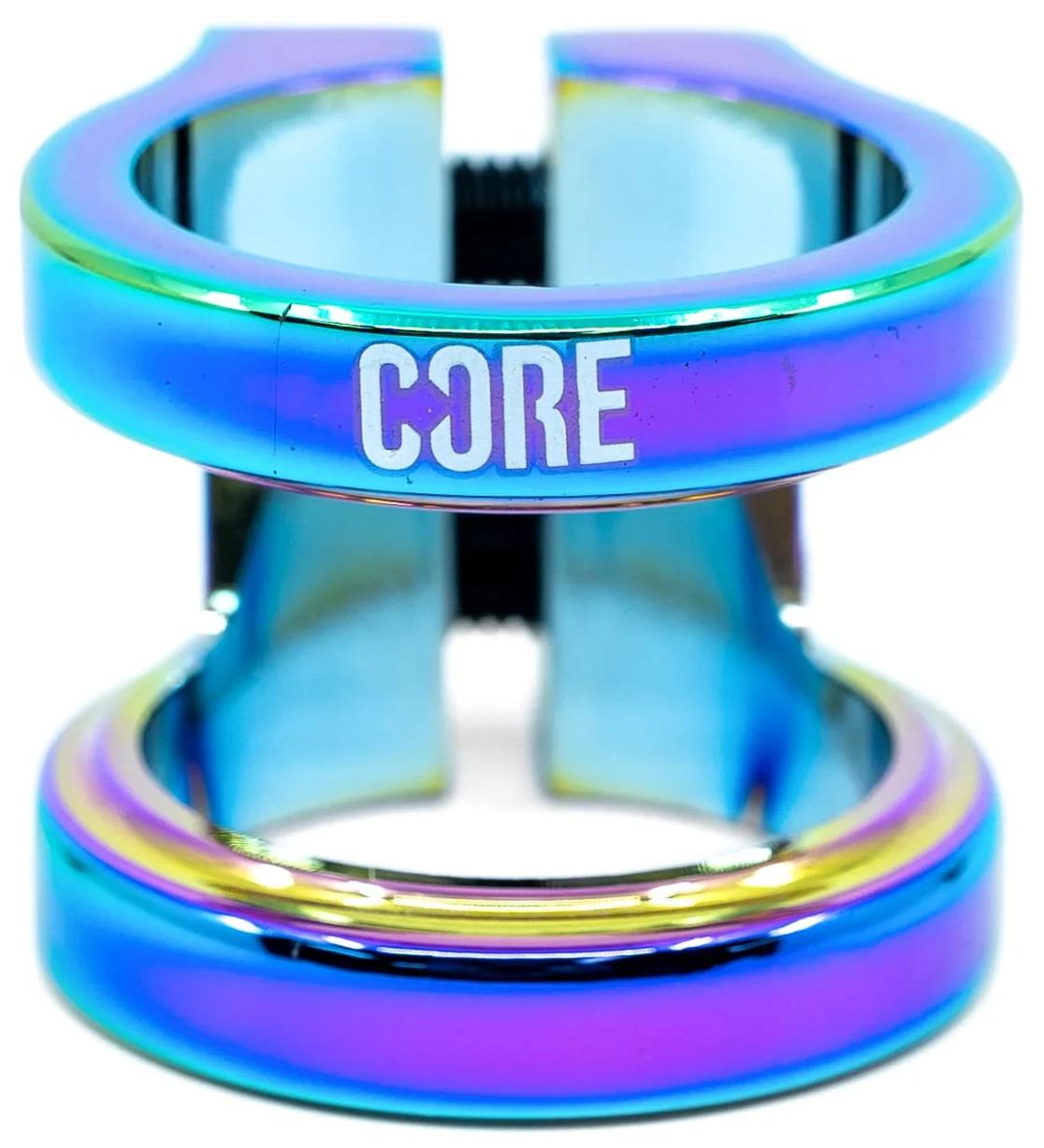 The CORE Venom 2 Bolt Oversized Stunt Scooter Clamp - Neochrome is a lightweight, metallic blue and purple clamp with "CORE" in white on the front and two screws for secure tightening.