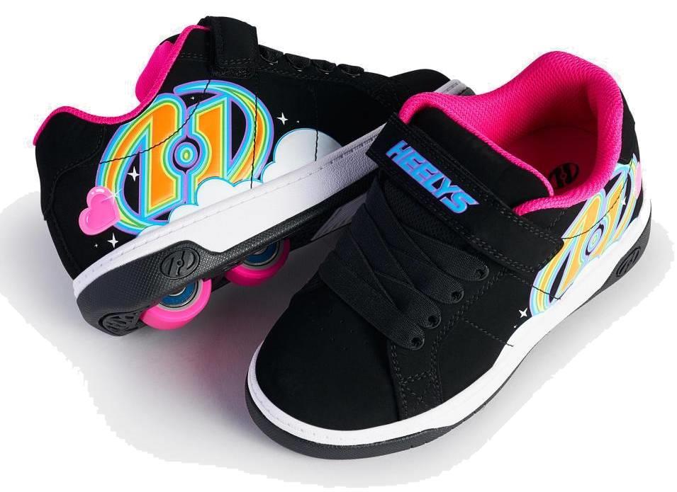 Heelys Kolect X2 Girls Shoes in black, hot pink, and multi feature vibrant graffiti-style graphics with hearts and swirls, pink lining, and dual pink wheels for easy rolling. Brand: Heelys.