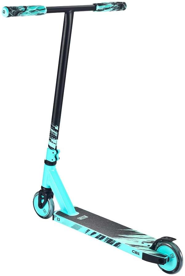 The CORE CB1 Beginner Complete Stunt Scooter by CORE in teal/black features a T-bar handle, textured deck for grip, and small wheels—ideal for beginners learning tricks and stunts.