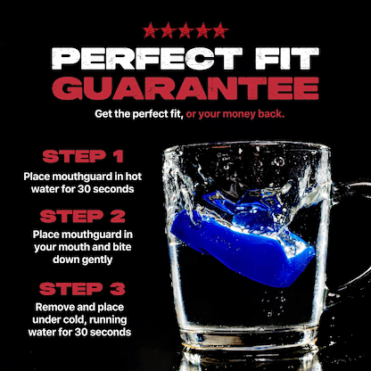 A Safejawz Intro Series Protection Mouthguard - Blue is shown in a glass of water with splashes. Text highlights a Perfect Fit Guarantee and explains, in three steps, how to use hot and cold water for comfort and jaw stability.