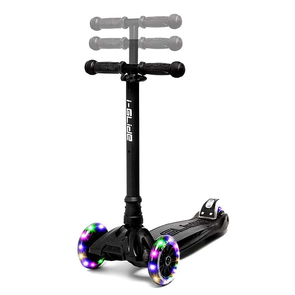The i-Glide 3-Wheel LED Kids Scooter - Black features a sleek, modern design with adjustable height handlebars and three wheels. Its black frame is enhanced by front wheels that light up with vibrant multicolored LEDs.