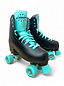 The Supreme Del Rey Adjustable Quad Roller Skates for kids feature a black design with turquoise laces, wheels, and trim, plus the Supreme logo on the tongue—all shown against a white background.