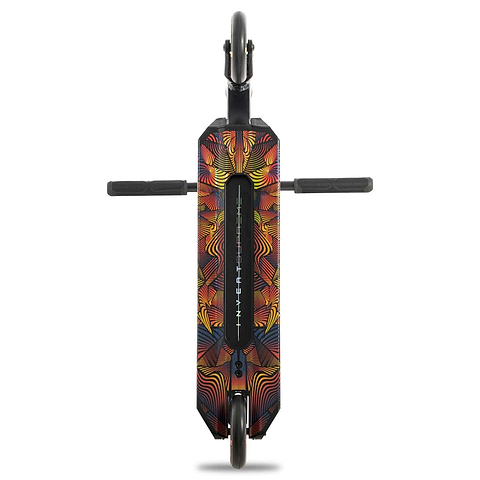 Top-down view of the Invert Supreme Journey 2.5 Jamie Hull Stunt Scooter - Berserk, a durable scooter for intermediate riders, featuring a colorful wavy geometric deck design and sleek black horizontal handlebars.