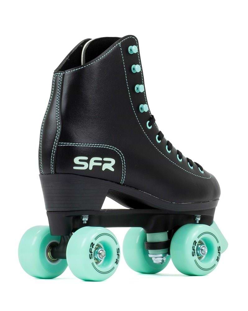 The SFR Figure Quad Roller Skates - Black / Mint by SFR feature a high-ankle boot in black with mint details and durable polyurethane wheels, offering style and comfort for beginners. Displayed on a white background.