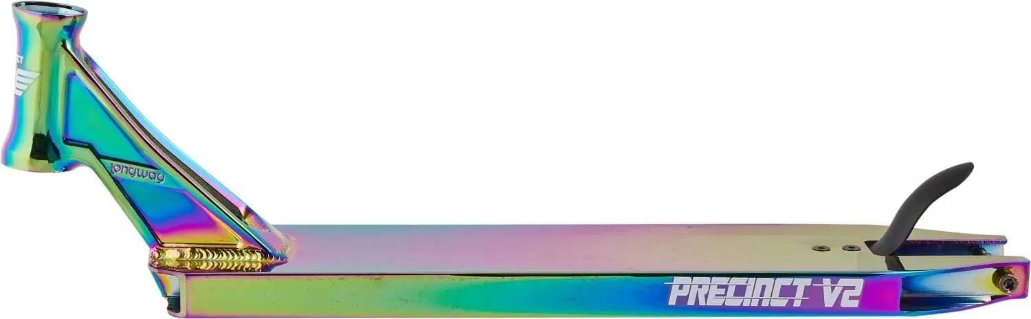 The Longway Precinct V2 Neochrome Stunt Scooter Deck, sized 4.9" x 22", features a rainbow metallic finish, angular design, and "Longway Precinct V2" branding on the side—perfect for park riders and shown in a side view on white.