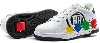 Breezy Rollers Splash Shoes in White/Black/Multicoloured feature colorful paint splatter designs, black soles, and a red heel wheel with Breezy Rollers’ patented system for smooth rolling fun.