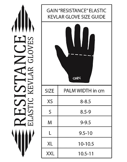 An infographic titled "GAIN Protection Resistance Skate Gloves - Logo" showcases the durability of their ARMORTEX fabric and touchscreen compatibility. It features a glove size guide ranging from XS to XXL, providing palm width measurements in centimeters along with an illustration highlighting the precise area for measurement.