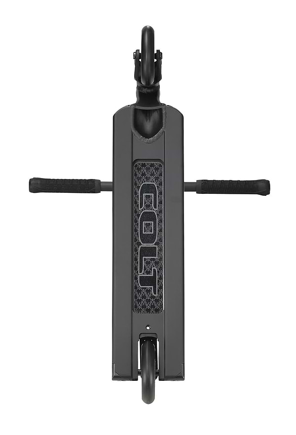 Top-down view of the Blunt Envy Colt S6 Complete Stunt Scooter in black, showcasing "Colt" on the deck. The scooter is equipped with chromoly Tension bars extending to the sides, ideal for hybrid style riding, and features visible wheels at both the front and back.